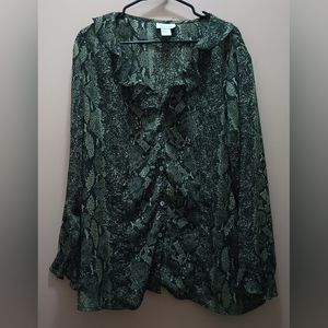 AVENUE SEMI-SHEER SEXY GREEN SNAKE ANIMAL RUFFLE BLOUSE TOP EUC SZ 18/20